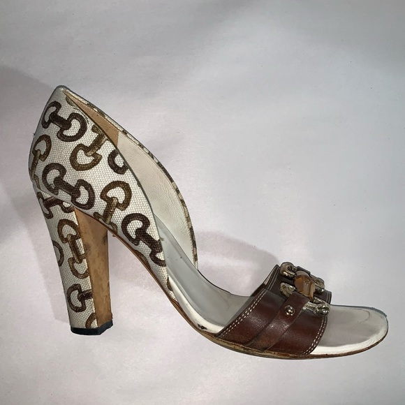 GUCCI size 39B cream linen block heel d'Orsay pumps with bamboo accent at vamp - Picture 1 of 14